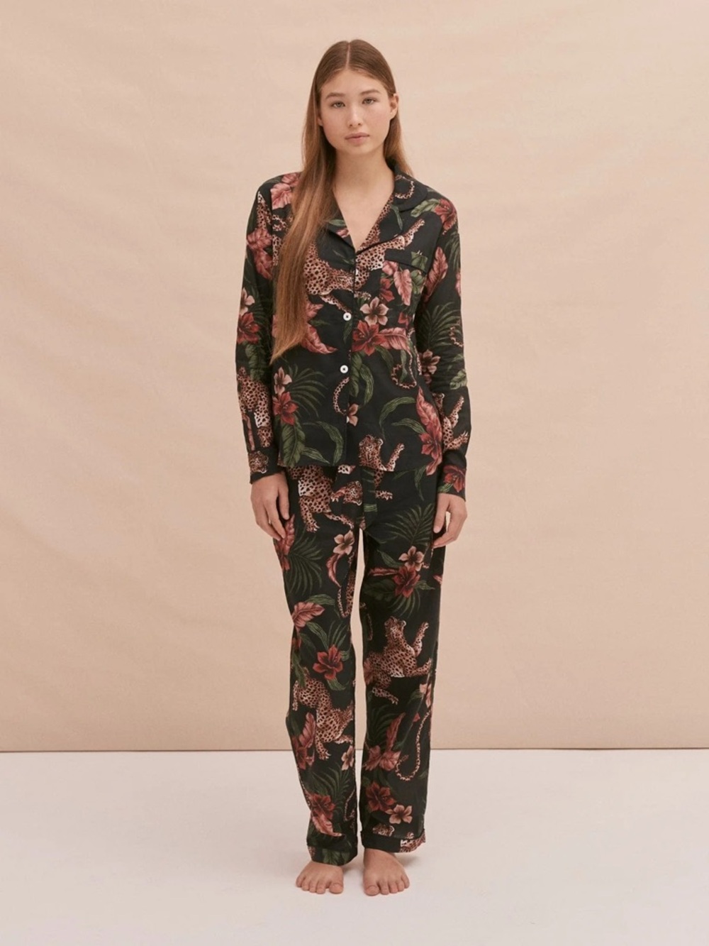 Leopard & Floral Satin Pajama Top - Black with Rust Floral - Picture 6 of 15